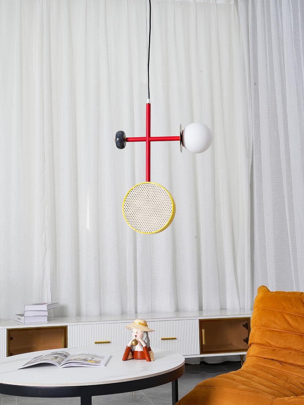 Monaco Modern Abstract Sculptural Pendant Light with Rattan and Glass Spheres