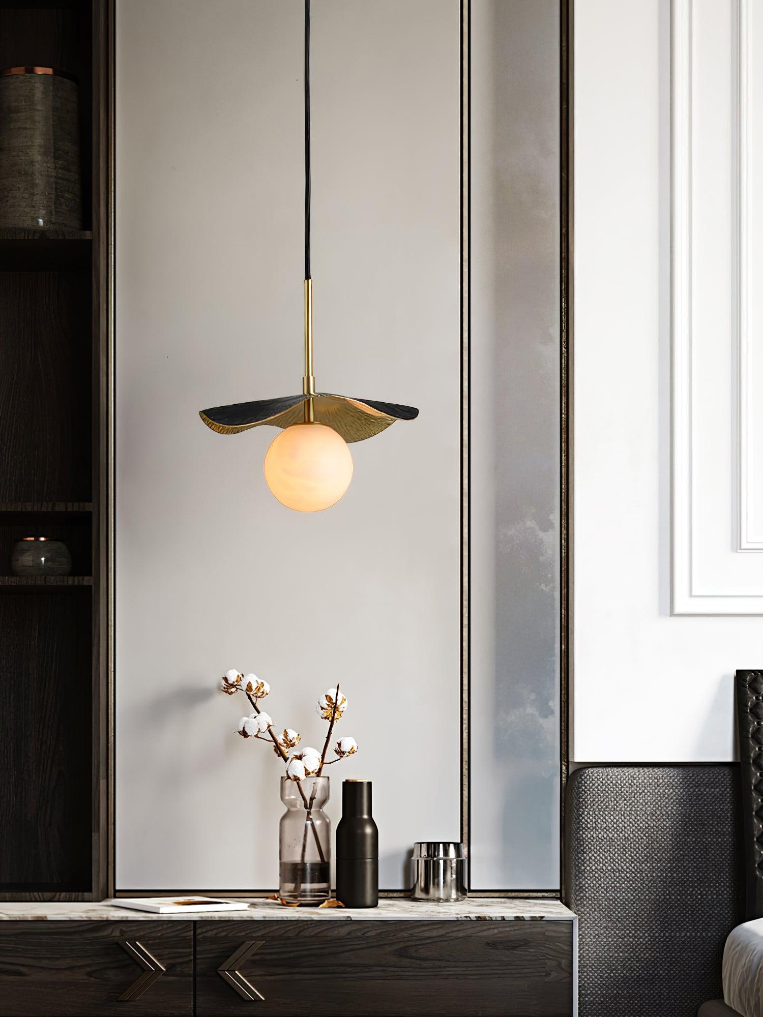 Montera Alabaster Pendant Light with Undulating Biomorphic Shade and Brass Accents