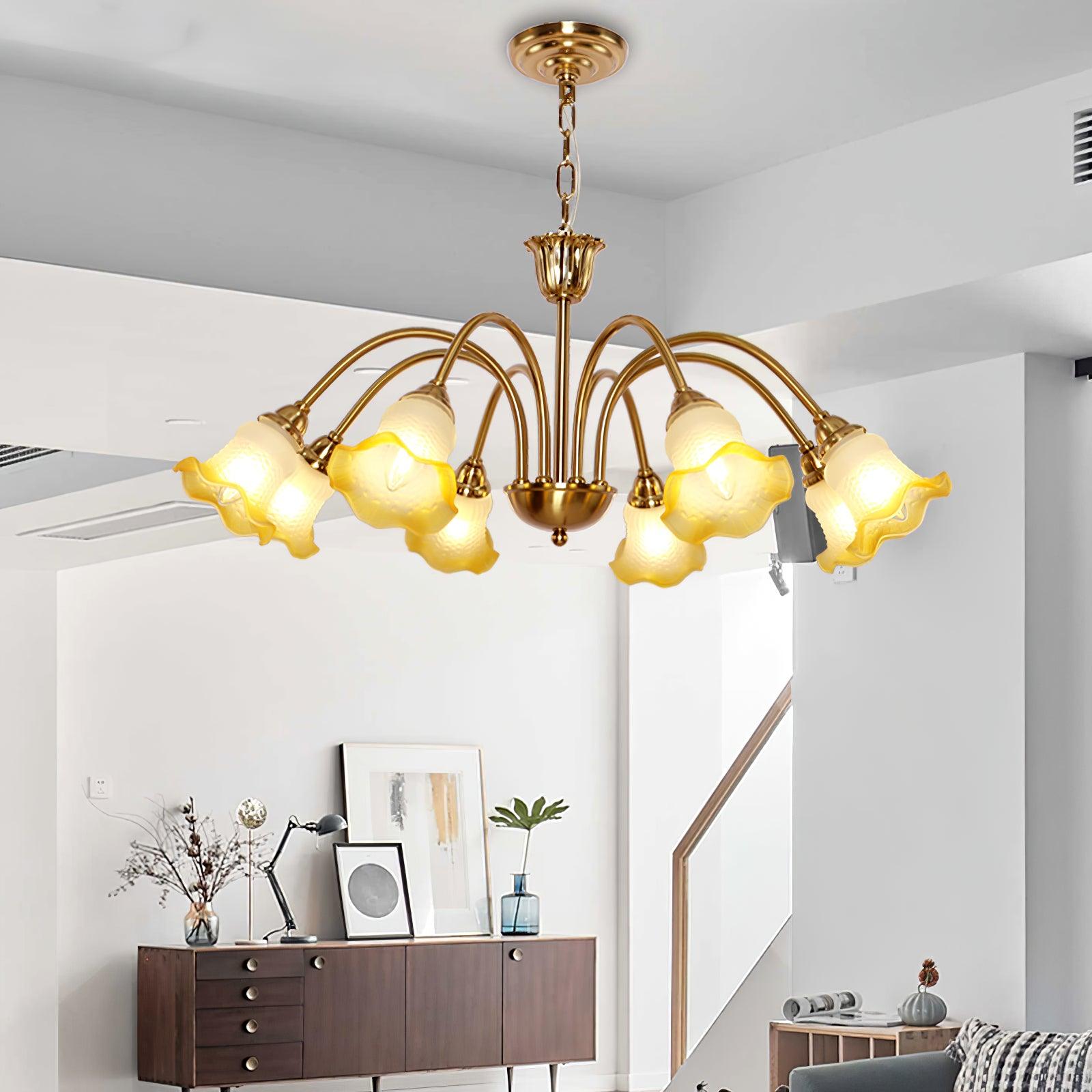 Morning Glory Blown Glass Chandelier with Copper Accents for Modern Living Spaces