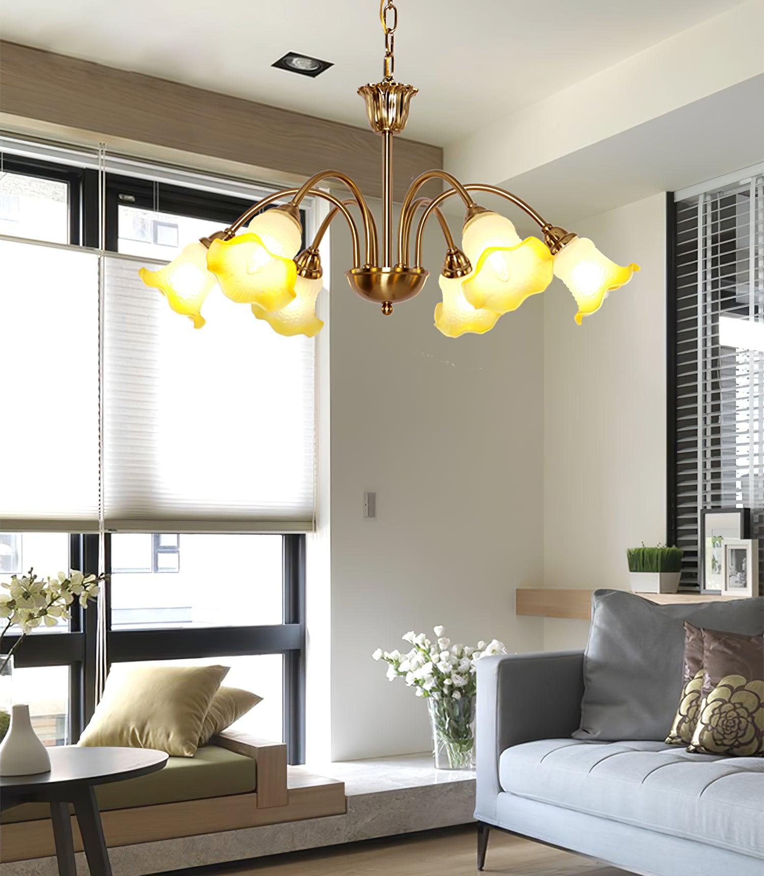 Morning Glory Blown Glass Chandelier with Copper Accents for Modern Living Spaces
