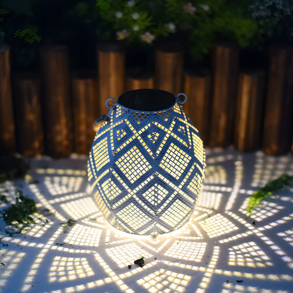 Moroccan Style Outdoor Solar Hanging Lantern White Hemp Rope LED Decorative Garden Light