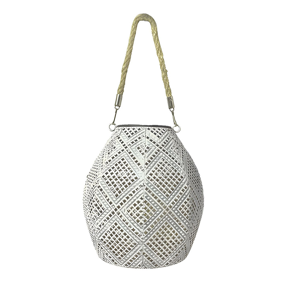 Moroccan Style Outdoor Solar Hanging Lantern White Hemp Rope LED Decorative Garden Light