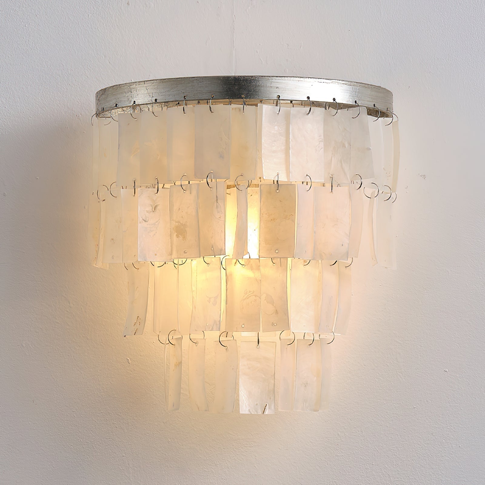 Mother of Pearl Shell Tiered Wall Sconce Light with Silver Finish Elegant Indoor Lighting Fixture