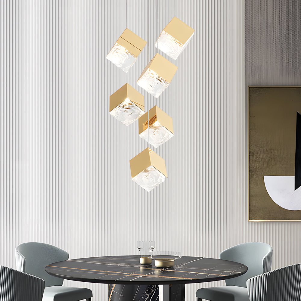 Multi Light Glass Ice Cube LED Pendant for Modern Staircase and Foyer in Gold or Chrome