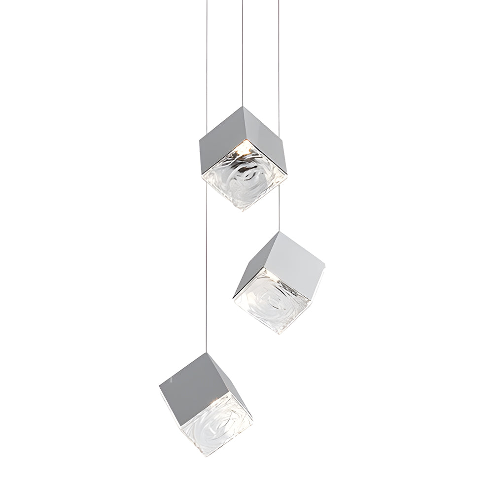 Multi Light Glass Ice Cube LED Pendant for Modern Staircase and Foyer in Gold or Chrome