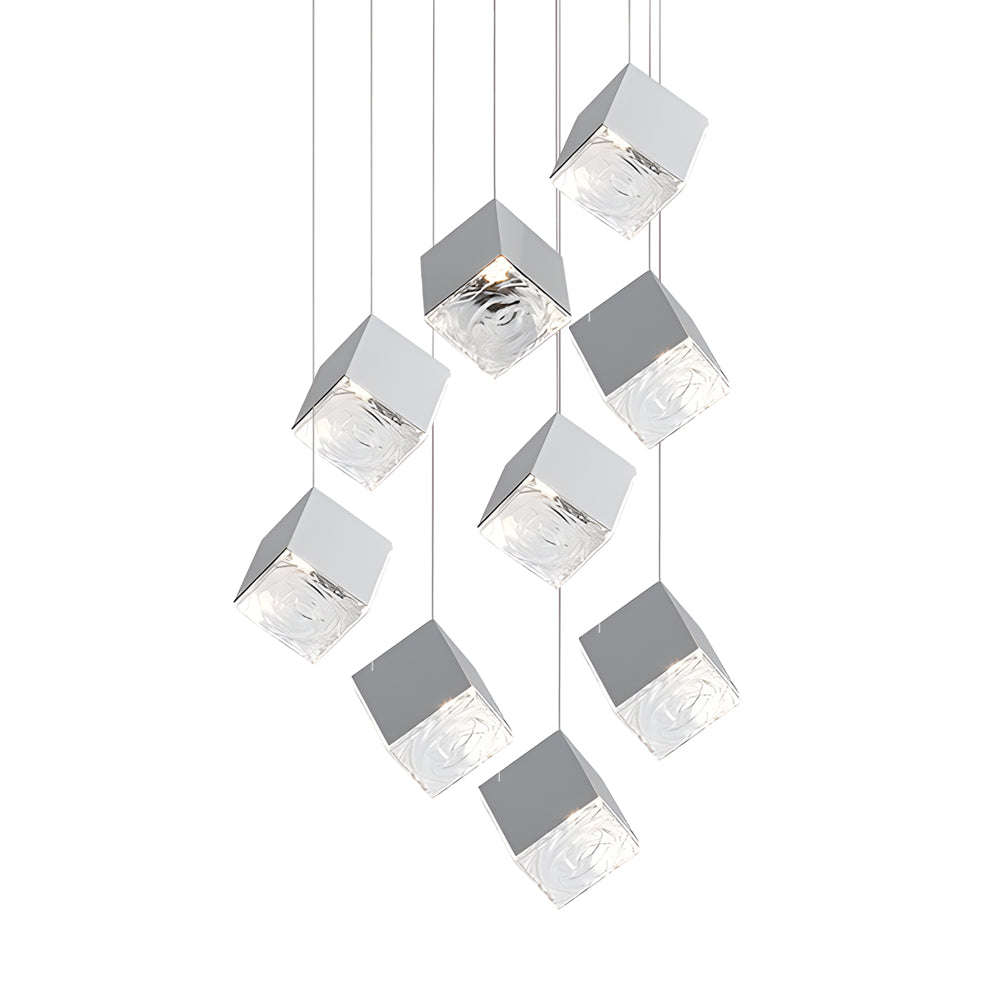 Multi Light Glass Ice Cube LED Pendant for Modern Staircase and Foyer in Gold or Chrome