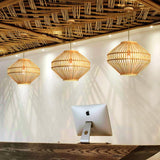 Natural Bamboo Farmhouse Pendant Lights Diamond Shape Circular Hanging Fixtures for Kitchen Island