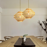 Natural Bamboo Farmhouse Pendant Lights Diamond Shape Circular Hanging Fixtures for Kitchen Island