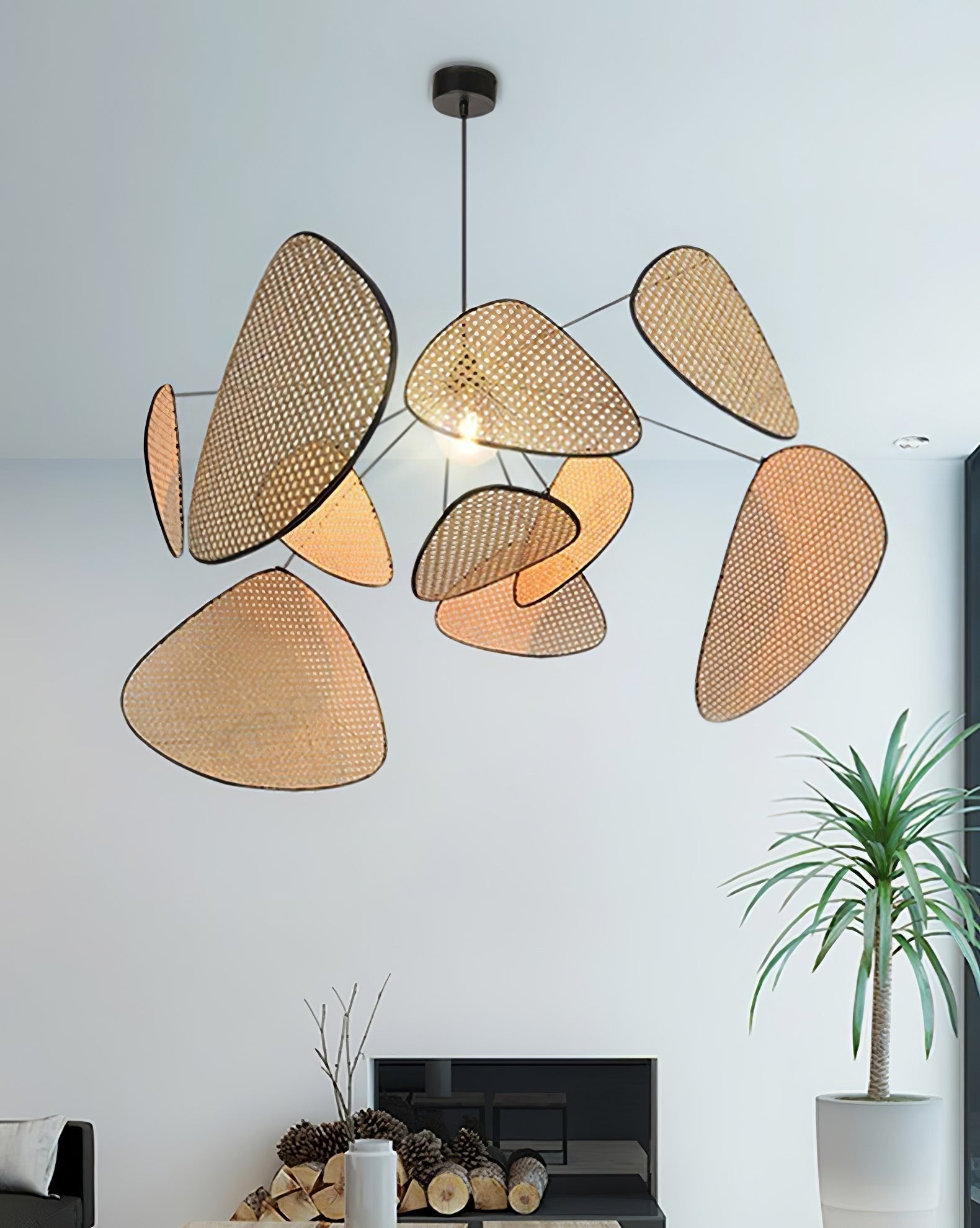 Natural Bamboo Screen Cannage Rattan Chandelier Retro Industrial Suspension Light
