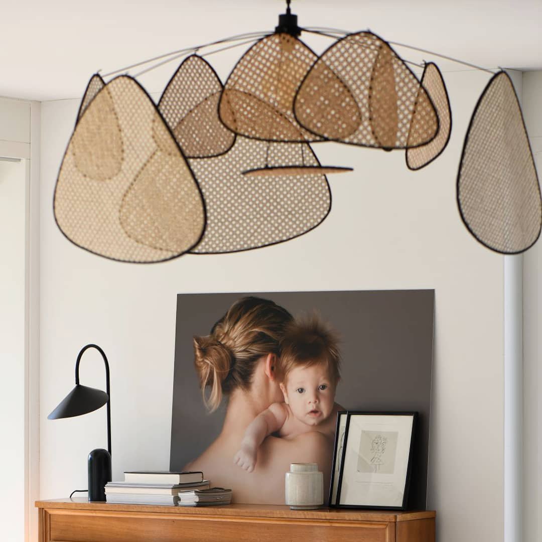 Natural Bamboo Screen Cannage Rattan Chandelier Retro Industrial Suspension Light