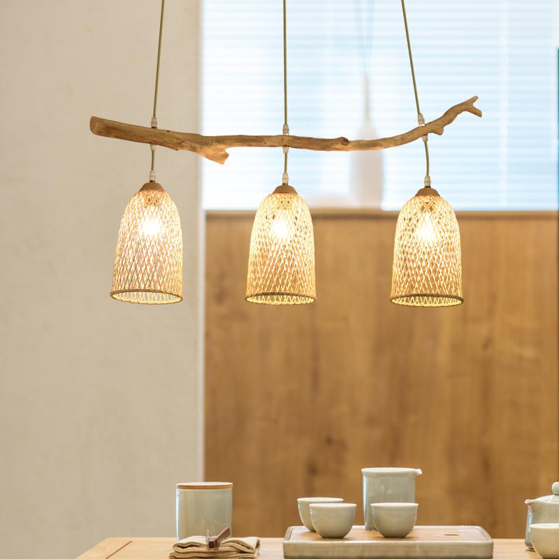 Natural Bamboo Triple Shade Farmhouse Chandelier with Real Tree Branch Hanging Pendant Light