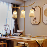 Natural Bamboo Triple Shade Farmhouse Chandelier with Real Tree Branch Hanging Pendant Light