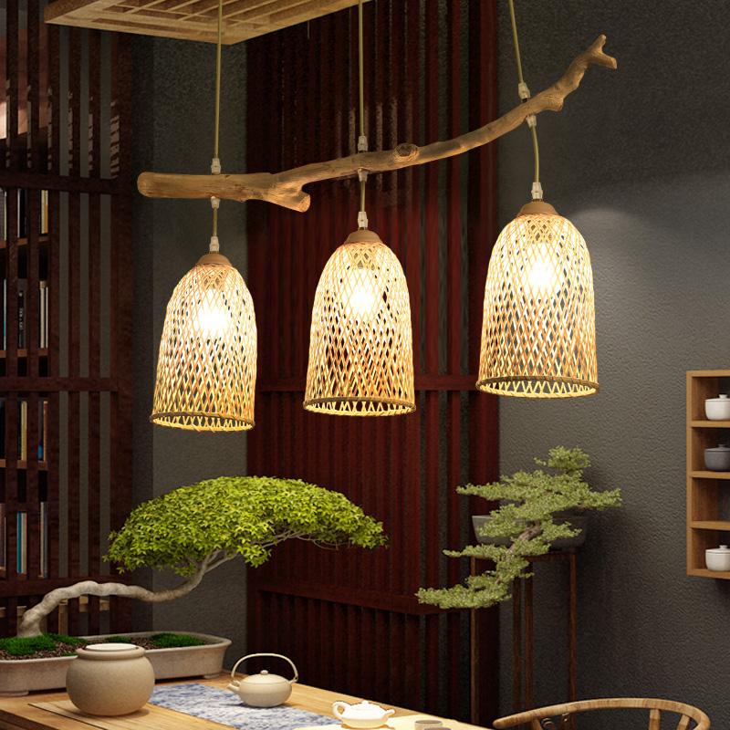 Natural Bamboo Triple Shade Farmhouse Chandelier with Real Tree Branch Hanging Pendant Light