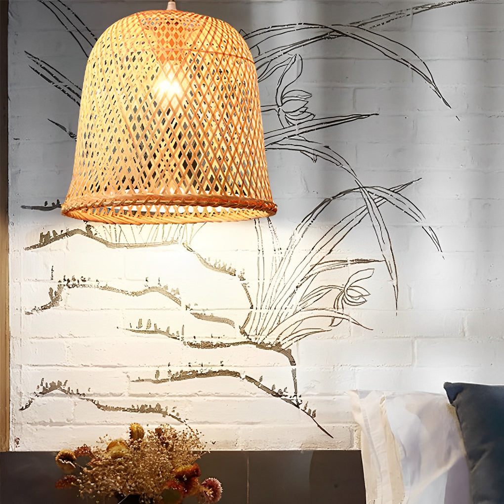 Natural Bamboo Woven Pendant Light Round Country Style Hanging Ceiling Lighting