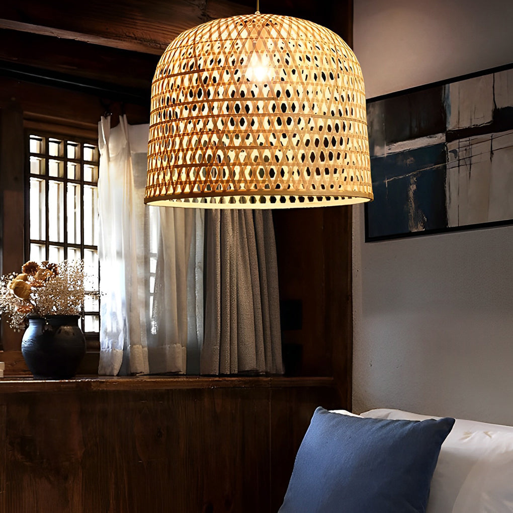 Natural Bamboo Woven Pendant Light Round Country Style Hanging Ceiling Lighting
