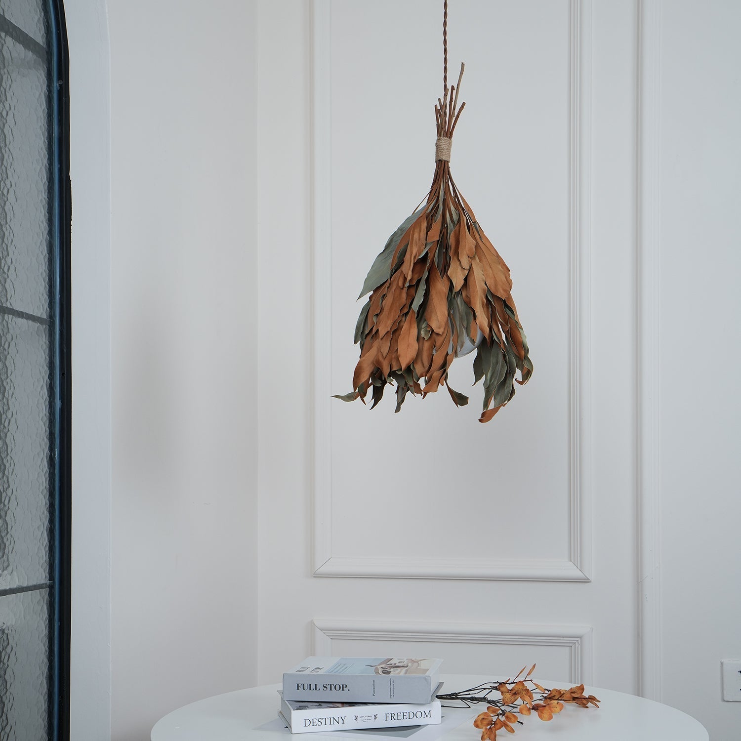 Natural Organic Dried Branch and Leaf Pendant Lamp Rustic Wood Leaf Chandelier