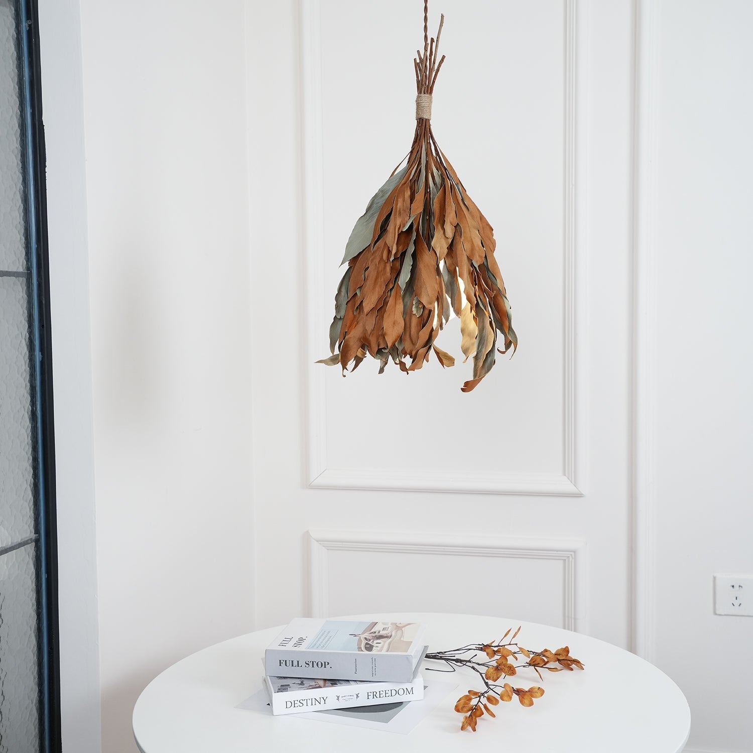 Natural Organic Dried Branch and Leaf Pendant Lamp Rustic Wood Leaf Chandelier