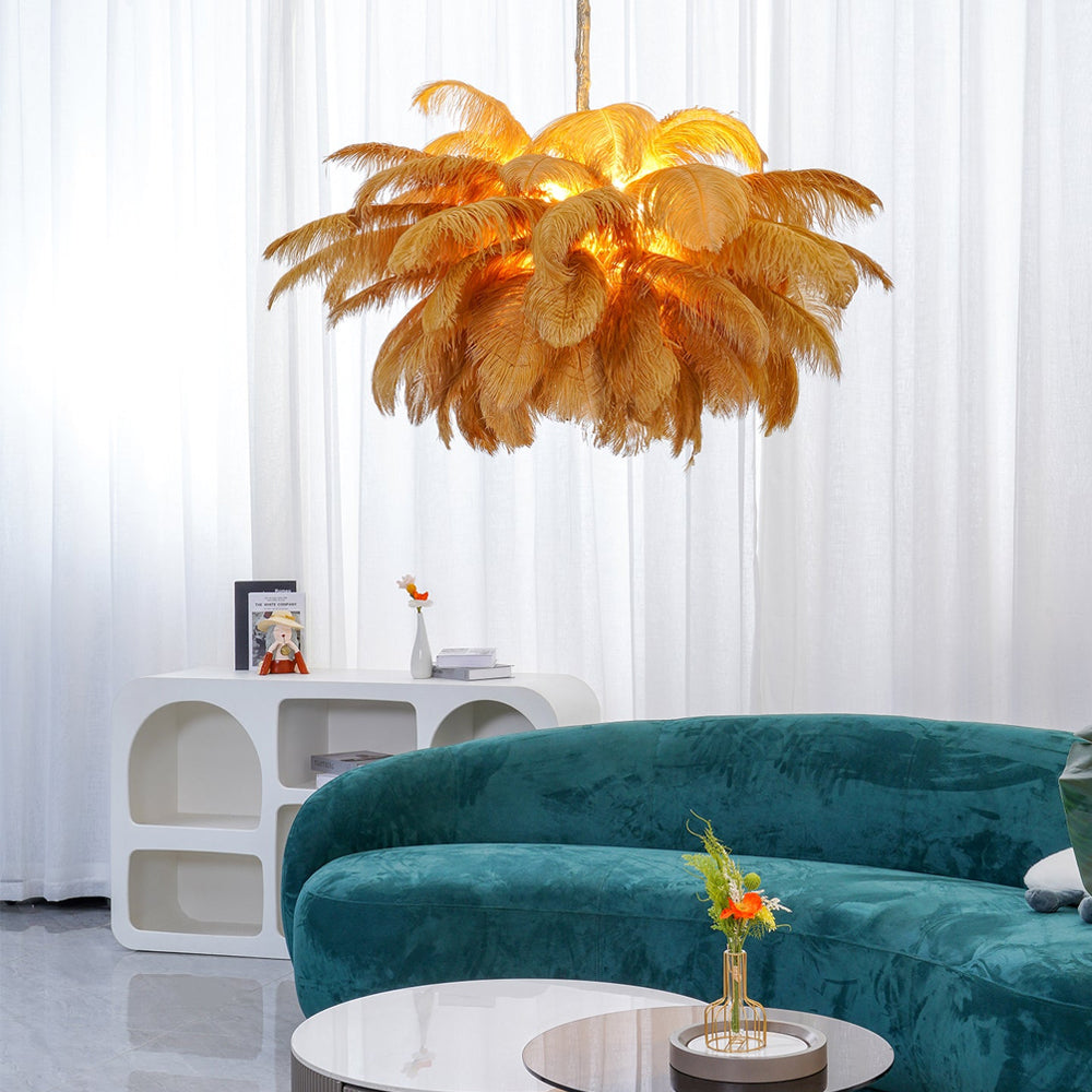 Natural Ostrich Feather Gasolier Chandelier with Polished Brass Frame for Luxury Interiors