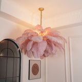 Natural Ostrich Feather Gasolier Chandelier with Polished Brass Frame for Luxury Interiors