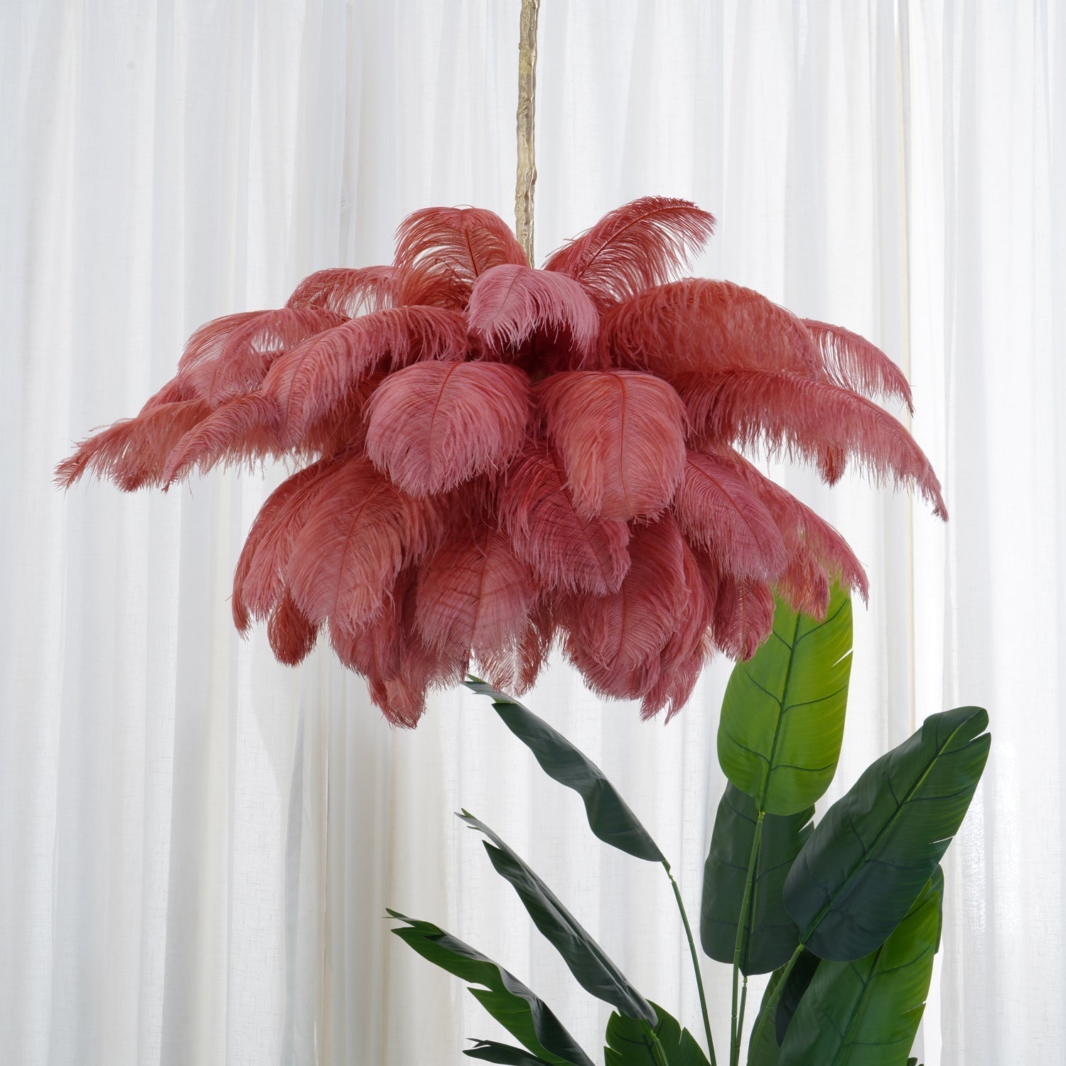 Natural Ostrich Feather Gasolier Chandelier with Polished Brass Frame for Luxury Interiors