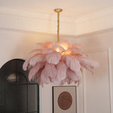 Natural Ostrich Feather Gasolier Chandelier with Polished Brass Frame for Luxury Interiors