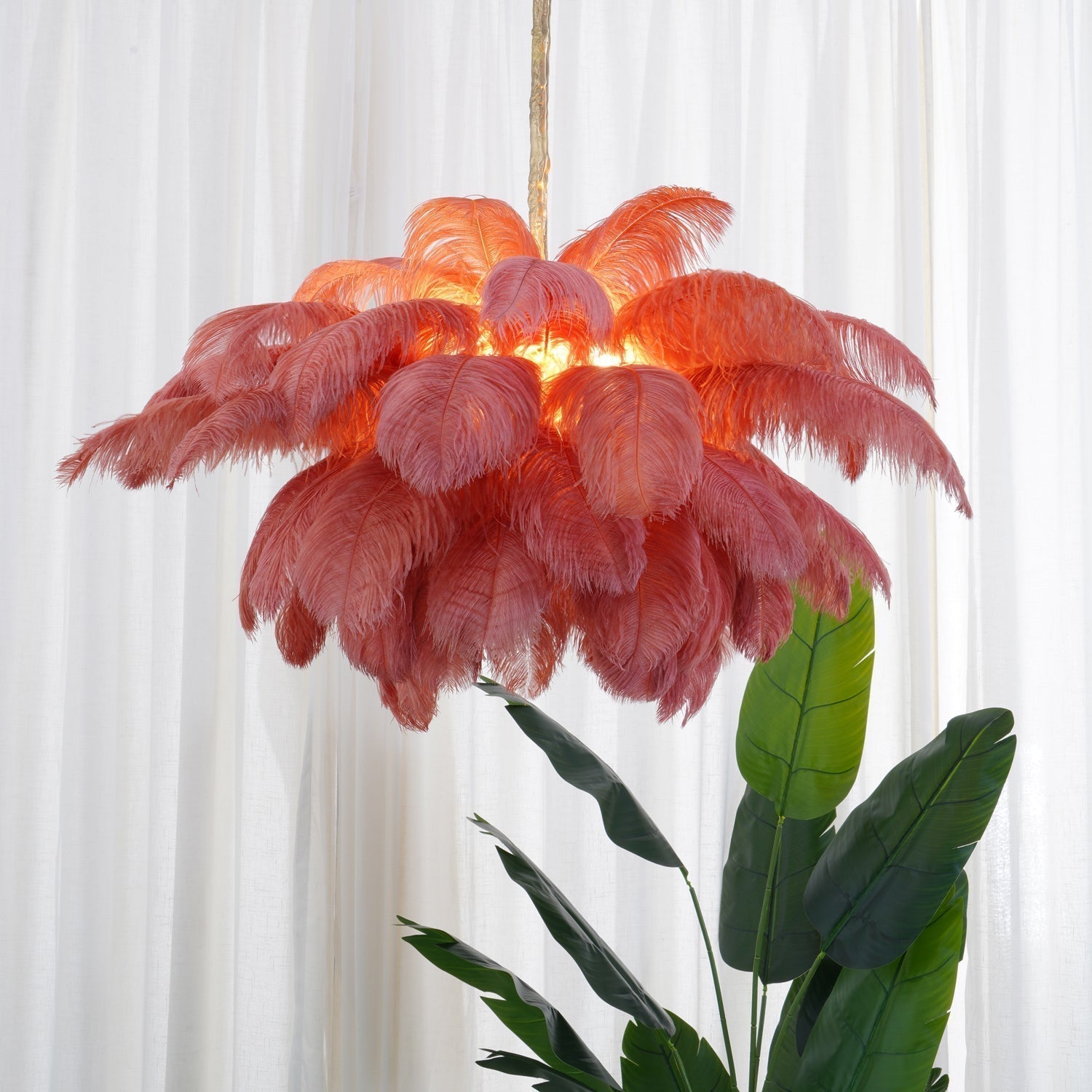 Natural Ostrich Feather Gasolier Chandelier with Polished Brass Frame for Luxury Interiors