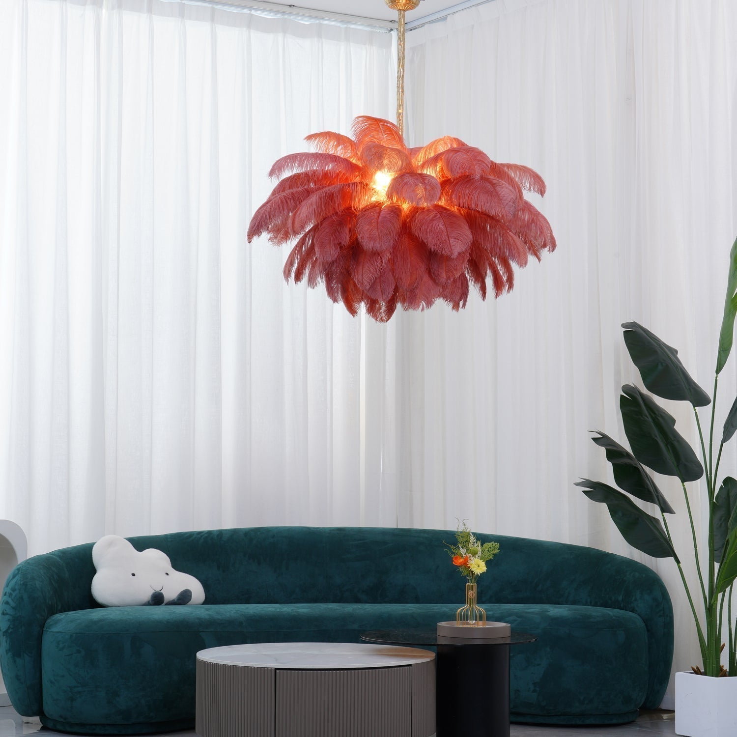 Natural Ostrich Feather Gasolier Chandelier with Polished Brass Frame for Luxury Interiors