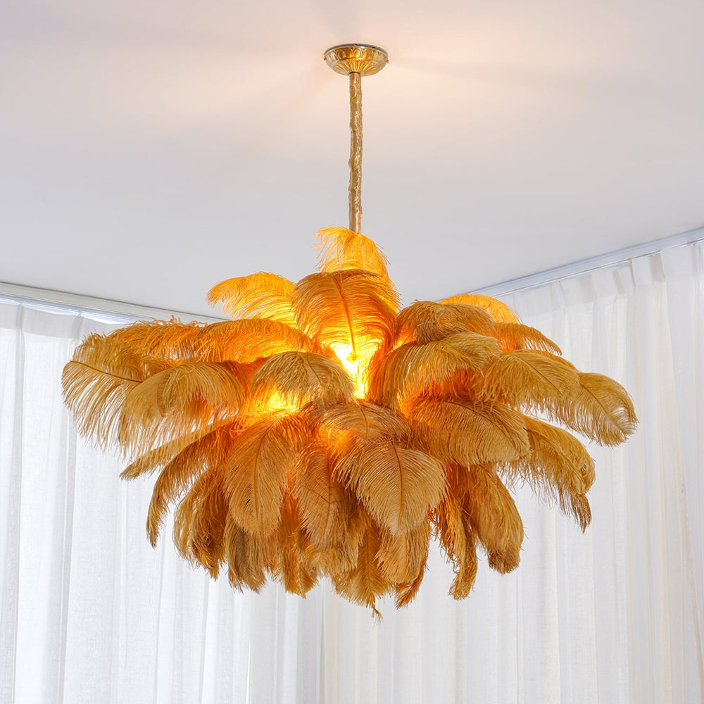 Natural Ostrich Feather Gasolier Chandelier with Polished Brass Frame for Luxury Interiors