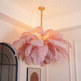 Natural Ostrich Feather Gasolier Chandelier with Polished Brass Frame for Luxury Interiors