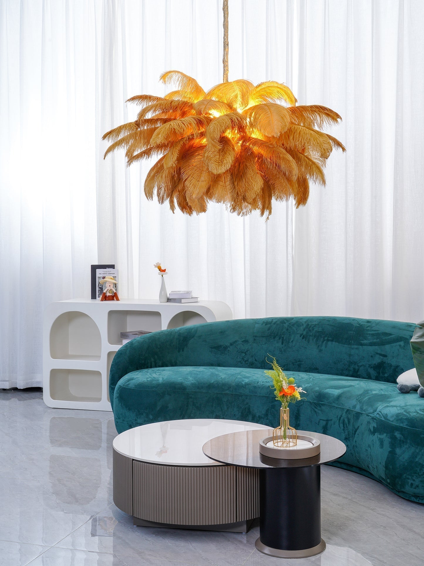 Natural Ostrich Feather Gasolier Chandelier with Polished Brass Frame for Luxury Interiors