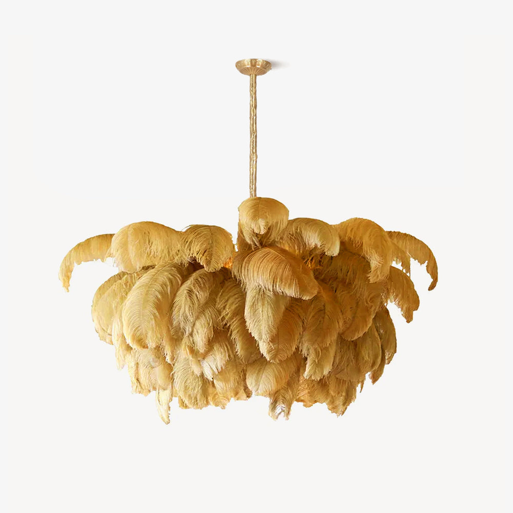Natural Ostrich Feather Gasolier Chandelier with Polished Brass Frame for Luxury Interiors