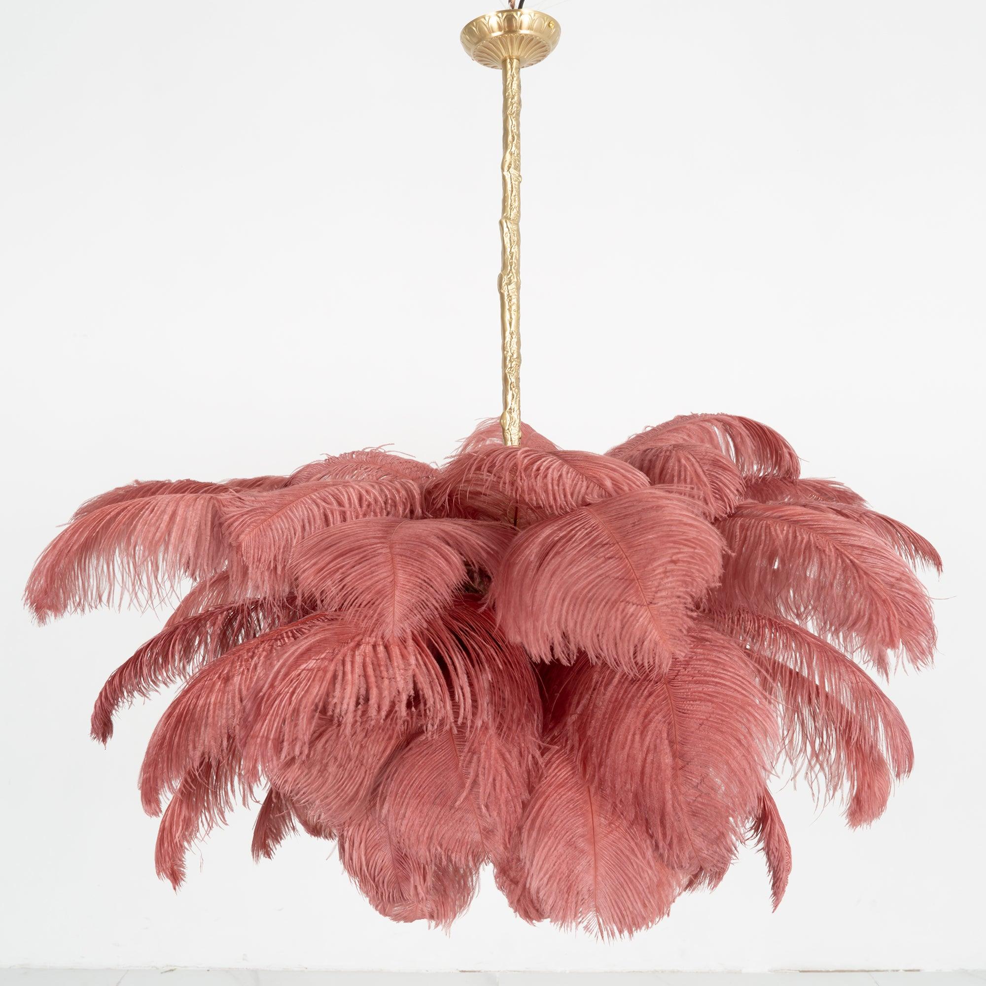 Natural Ostrich Feather Gasolier Chandelier with Polished Brass Frame for Luxury Interiors