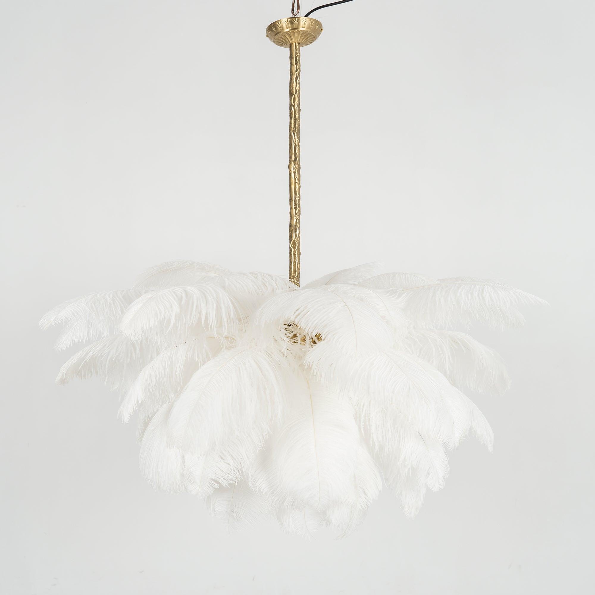 Natural Ostrich Feather Gasolier Chandelier with Polished Brass Frame for Luxury Interiors