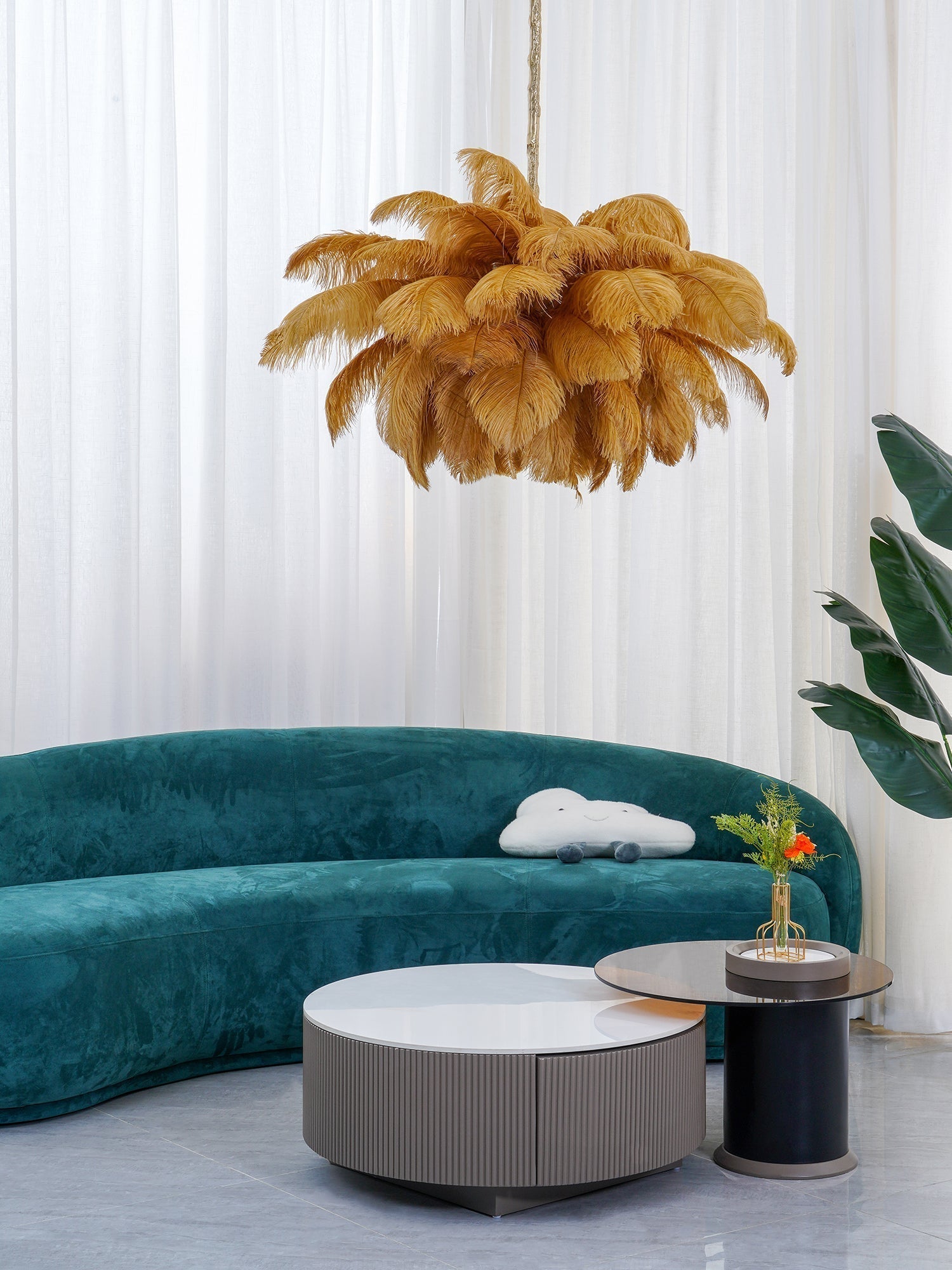 Natural Ostrich Feather Gasolier Chandelier with Polished Brass Frame for Luxury Interiors