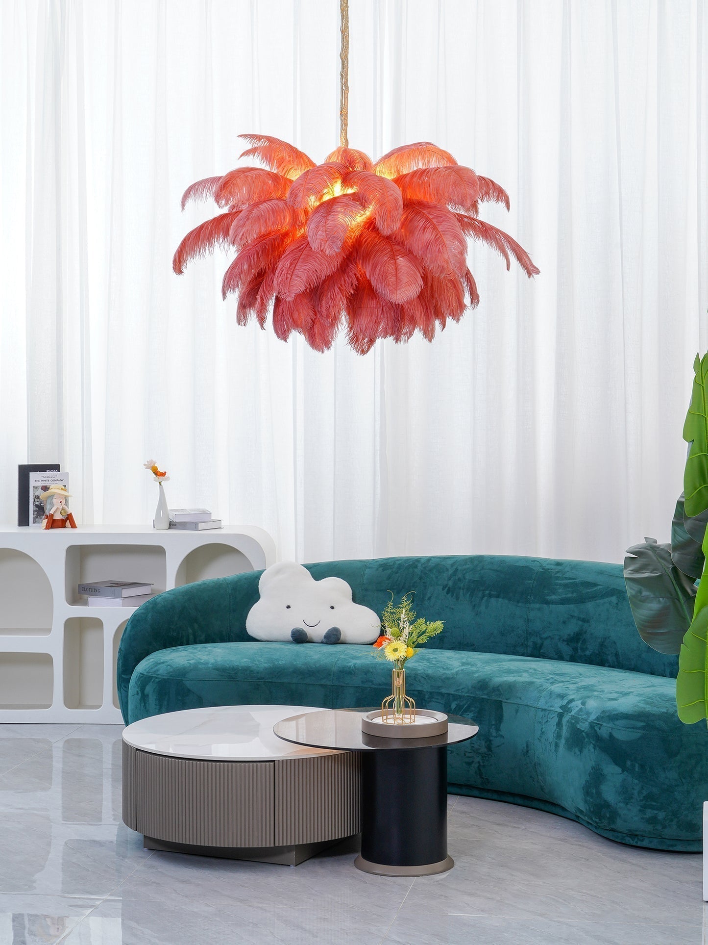 Natural Ostrich Feather Gasolier Chandelier with Polished Brass Frame for Luxury Interiors