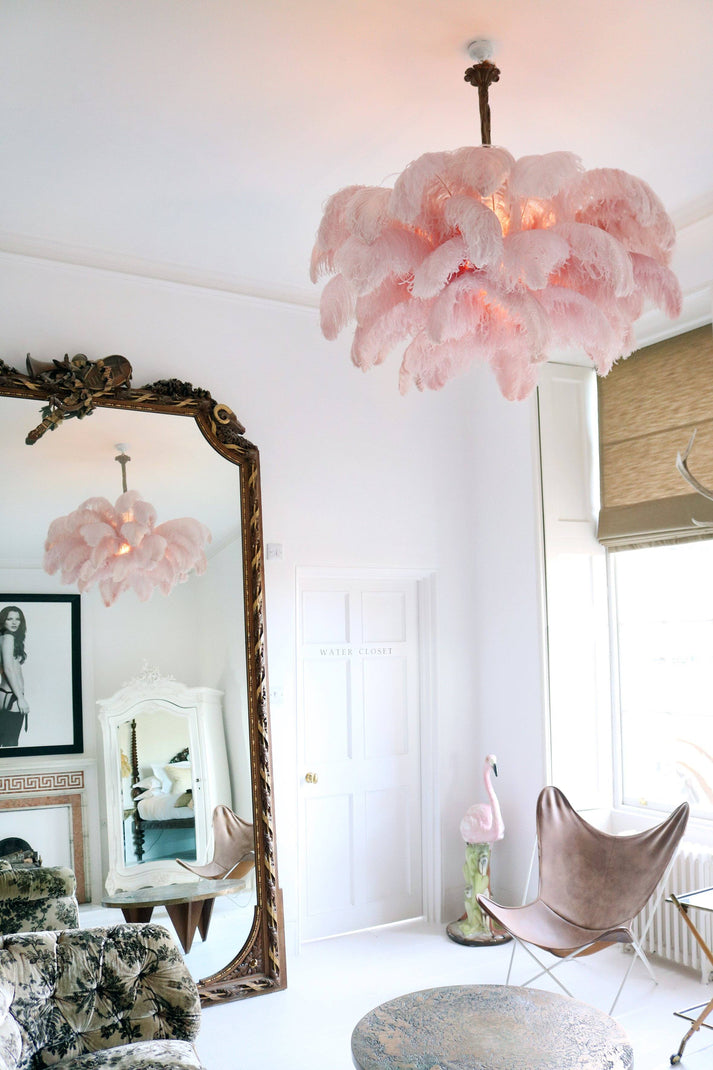 Natural Ostrich Feather Gasolier Chandelier with Polished Brass Frame for Luxury Interiors