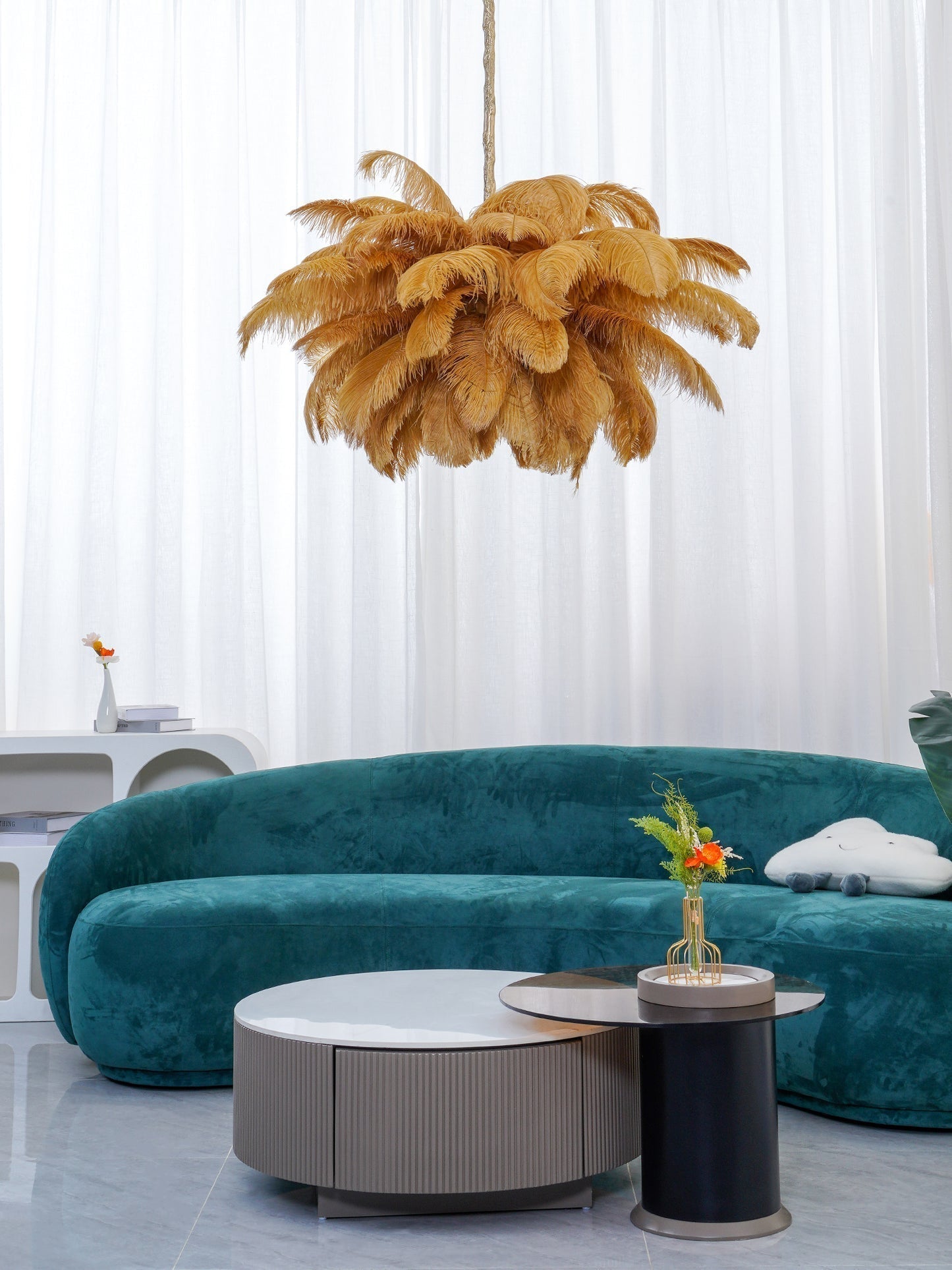 Natural Ostrich Feather Gasolier Chandelier with Polished Brass Frame for Luxury Interiors