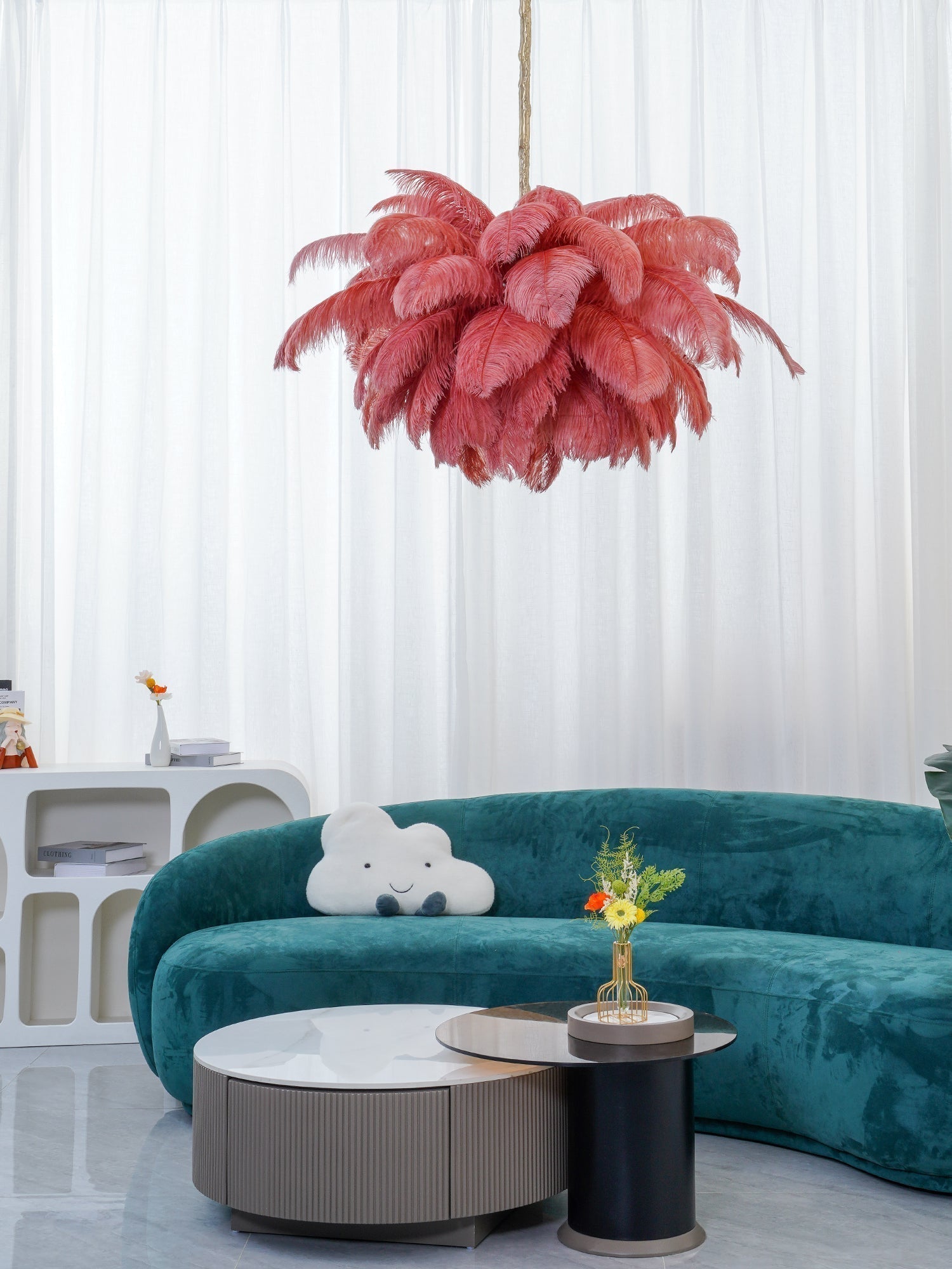 Natural Ostrich Feather Gasolier Chandelier with Polished Brass Frame for Luxury Interiors