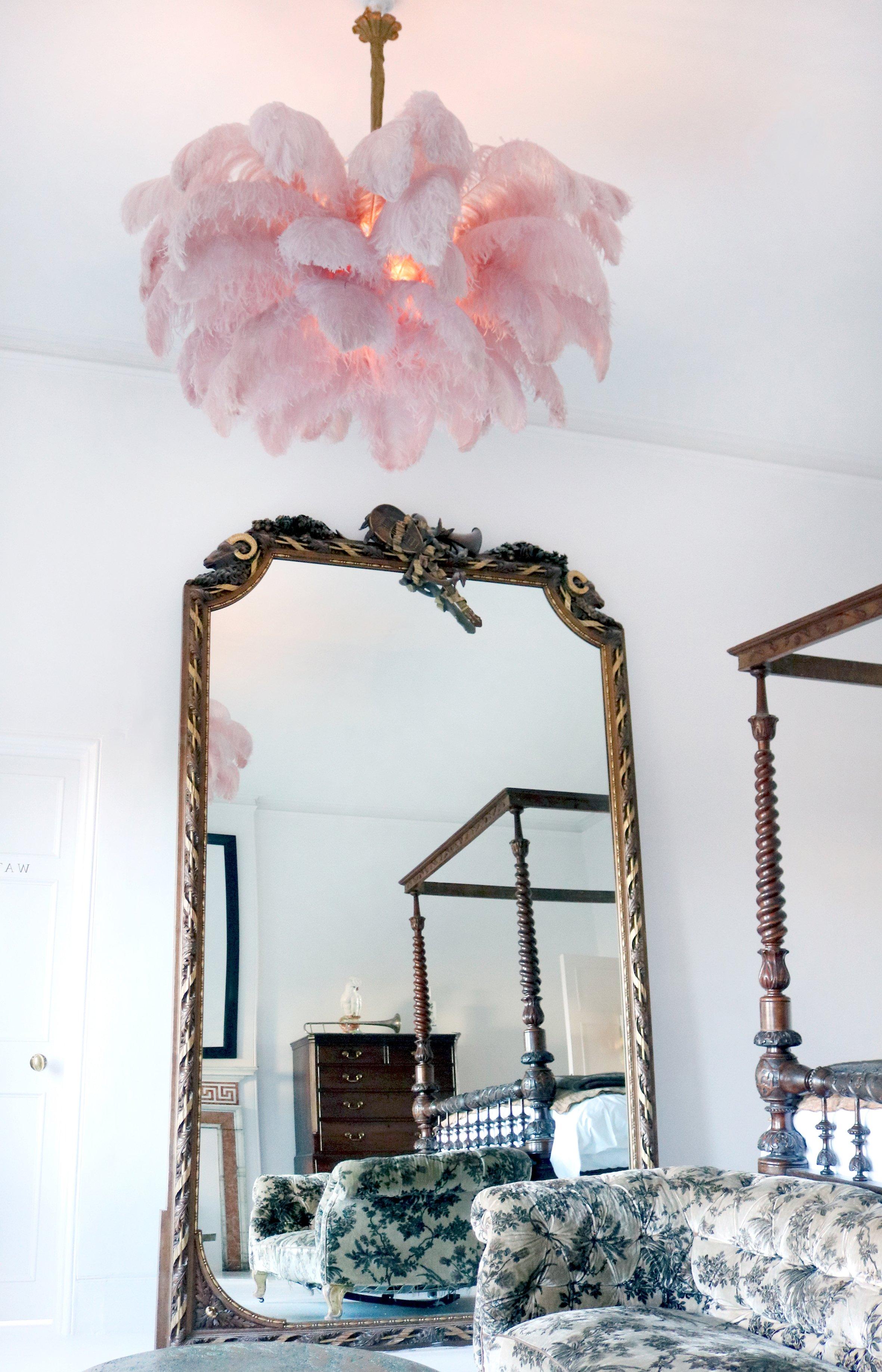 Natural Ostrich Feather Gasolier Chandelier with Polished Brass Frame for Luxury Interiors