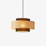 Natural Rattan and Black Linen Dual Layer Drum Pendant Light for Modern Living Spaces