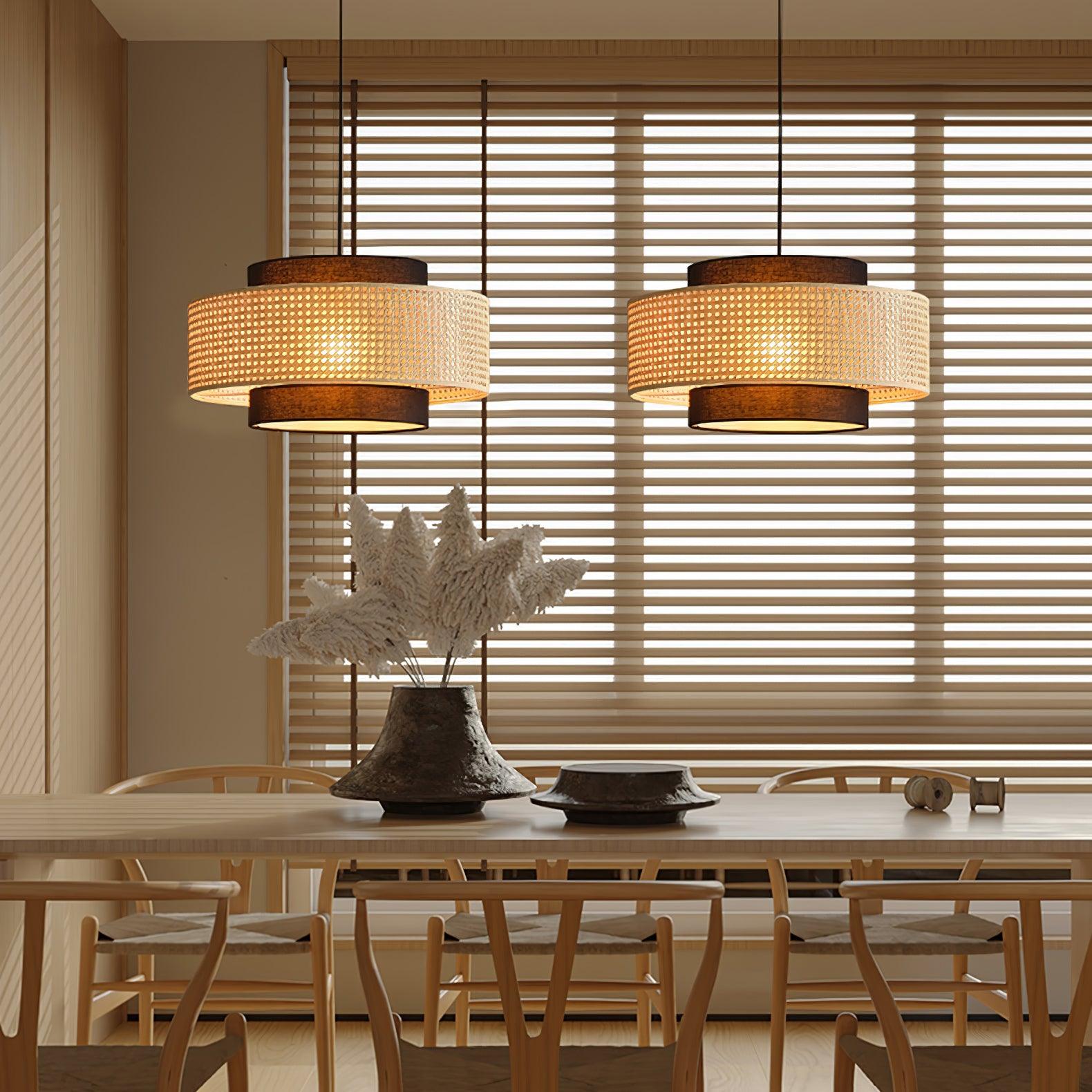 Natural Rattan and Black Linen Dual Layer Drum Pendant Light for Modern Living Spaces