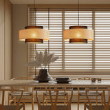 Natural Rattan and Black Linen Dual Layer Drum Pendant Light for Modern Living Spaces