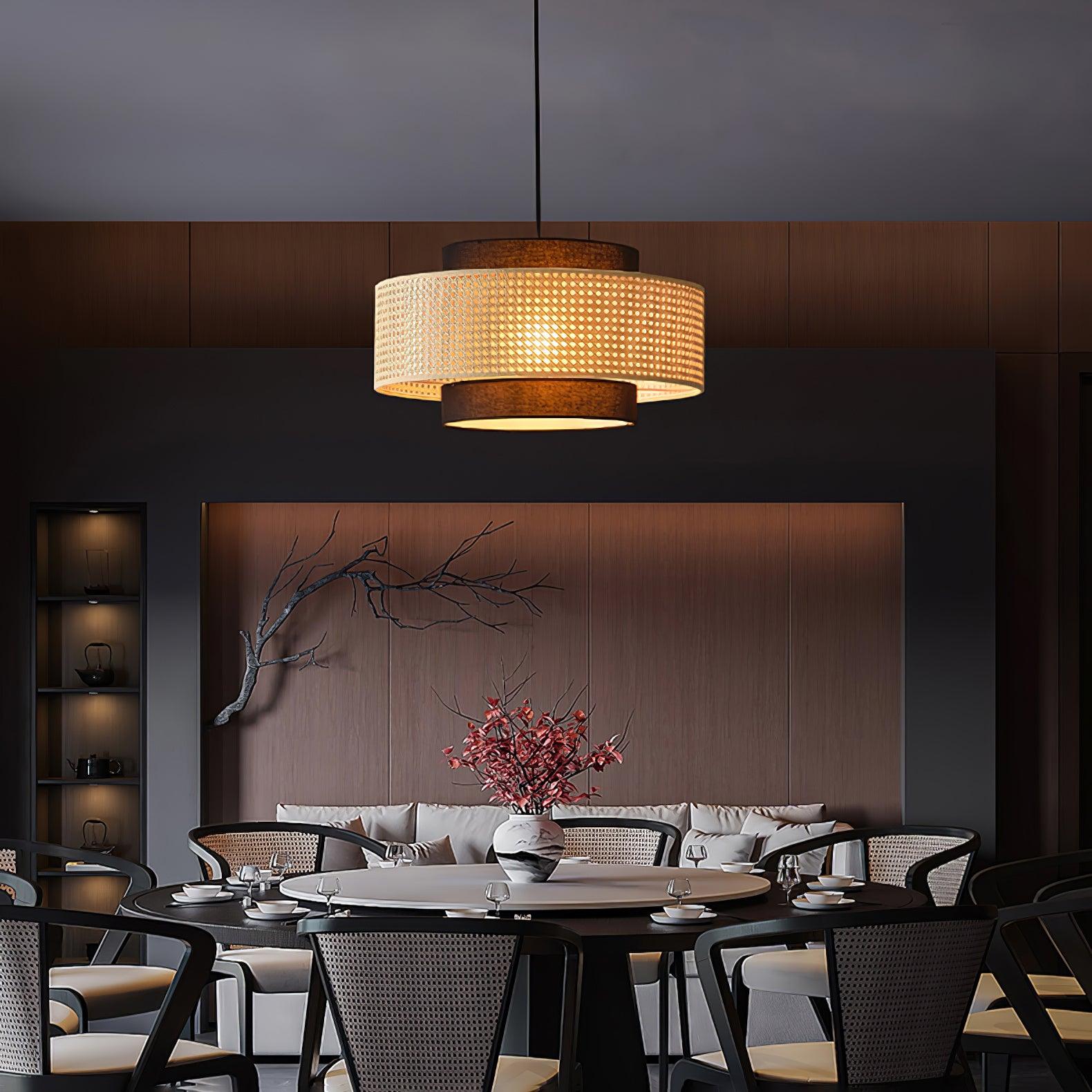 Natural Rattan and Black Linen Dual Layer Drum Pendant Light for Modern Living Spaces