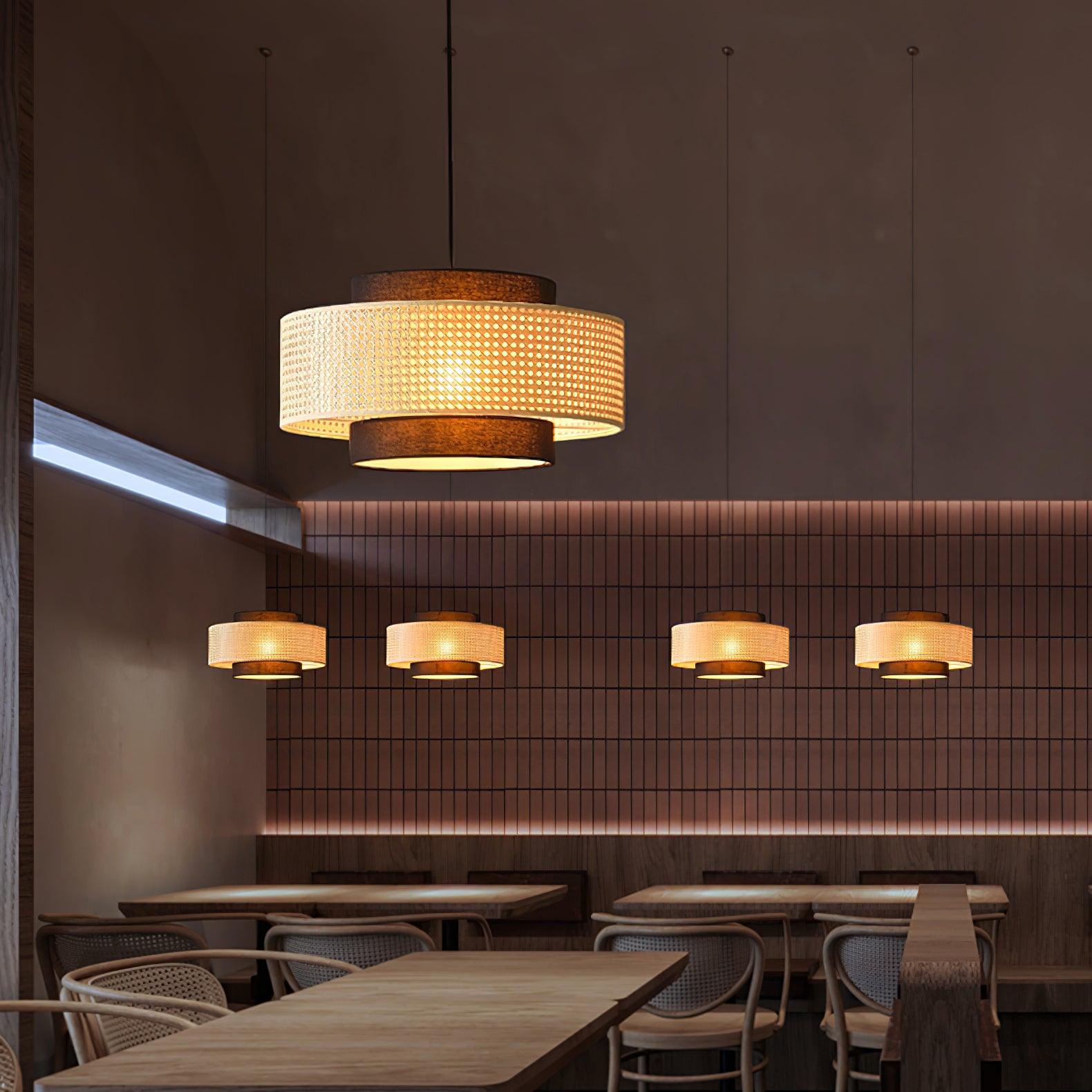 Natural Rattan and Black Linen Dual Layer Drum Pendant Light for Modern Living Spaces