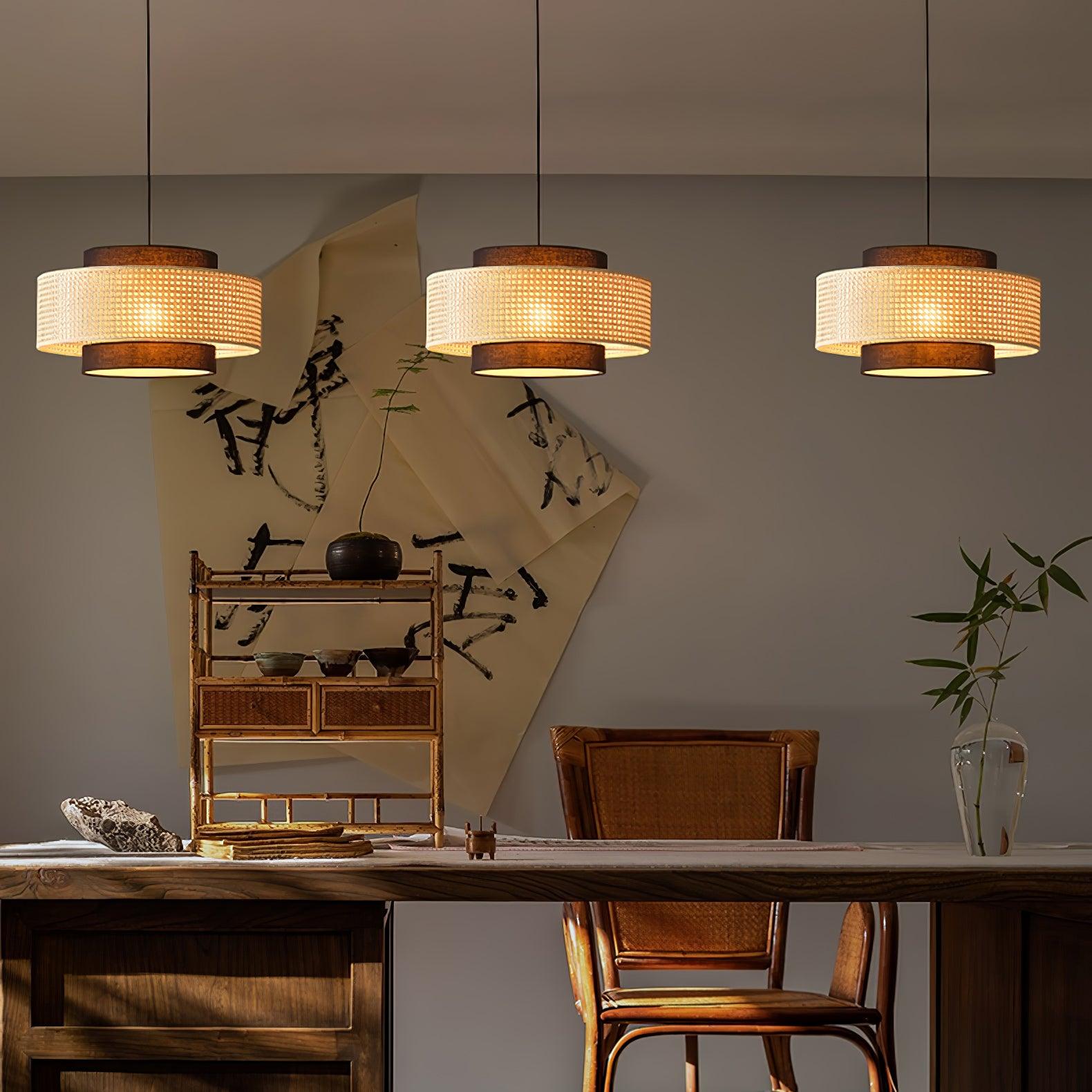 Natural Rattan and Black Linen Dual Layer Drum Pendant Light for Modern Living Spaces