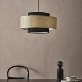 Natural Rattan and Black Linen Dual Layer Drum Pendant Light for Modern Living Spaces