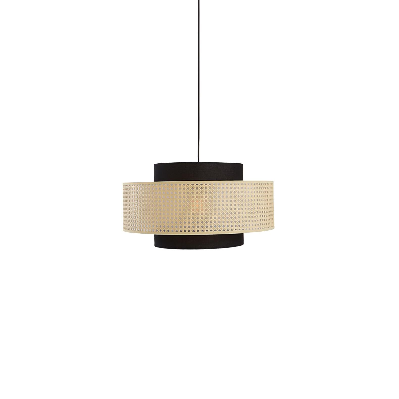 Natural Rattan and Black Linen Dual Layer Drum Pendant Light for Modern Living Spaces