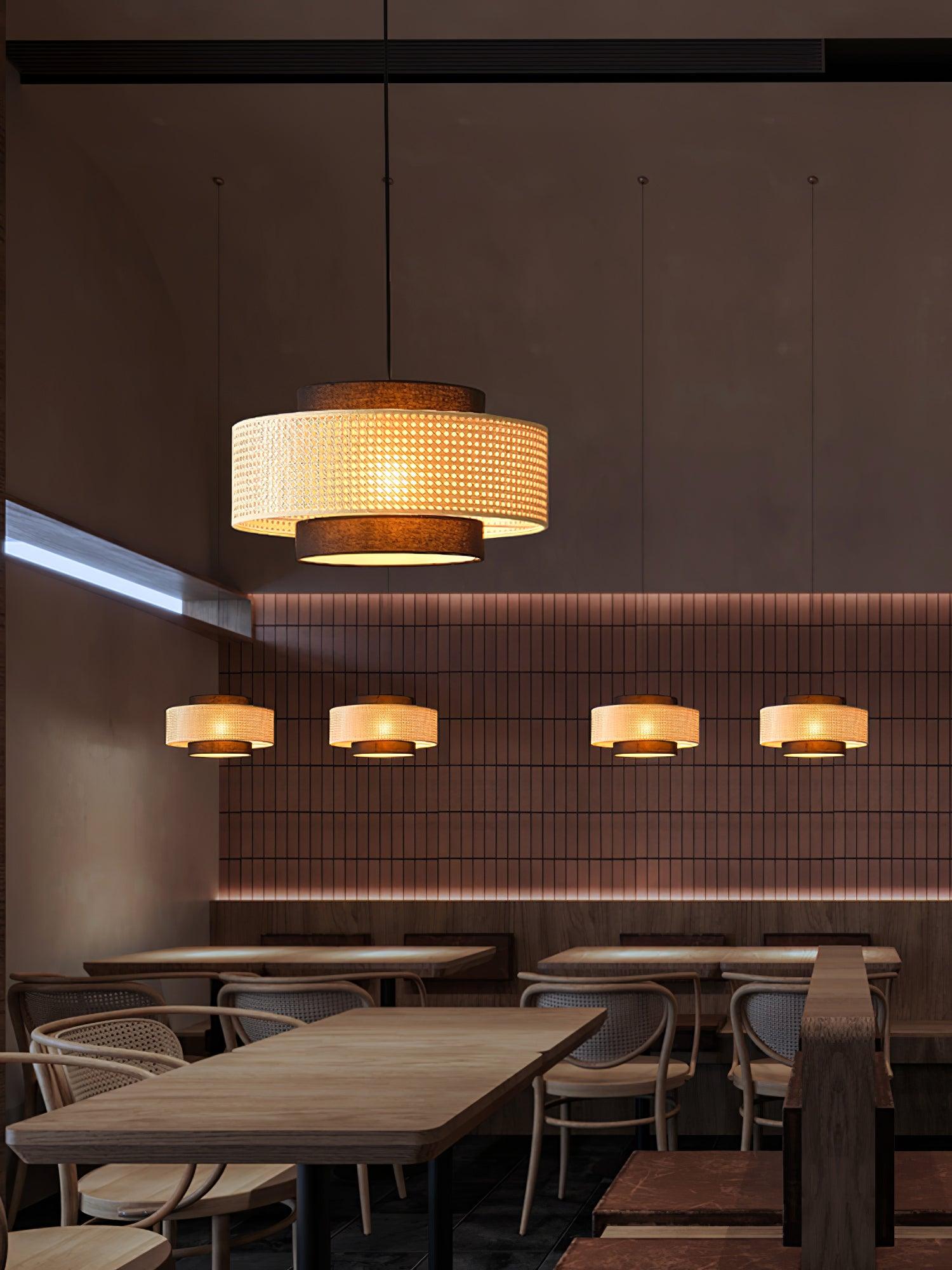 Natural Rattan and Black Linen Dual Layer Drum Pendant Light for Modern Living Spaces
