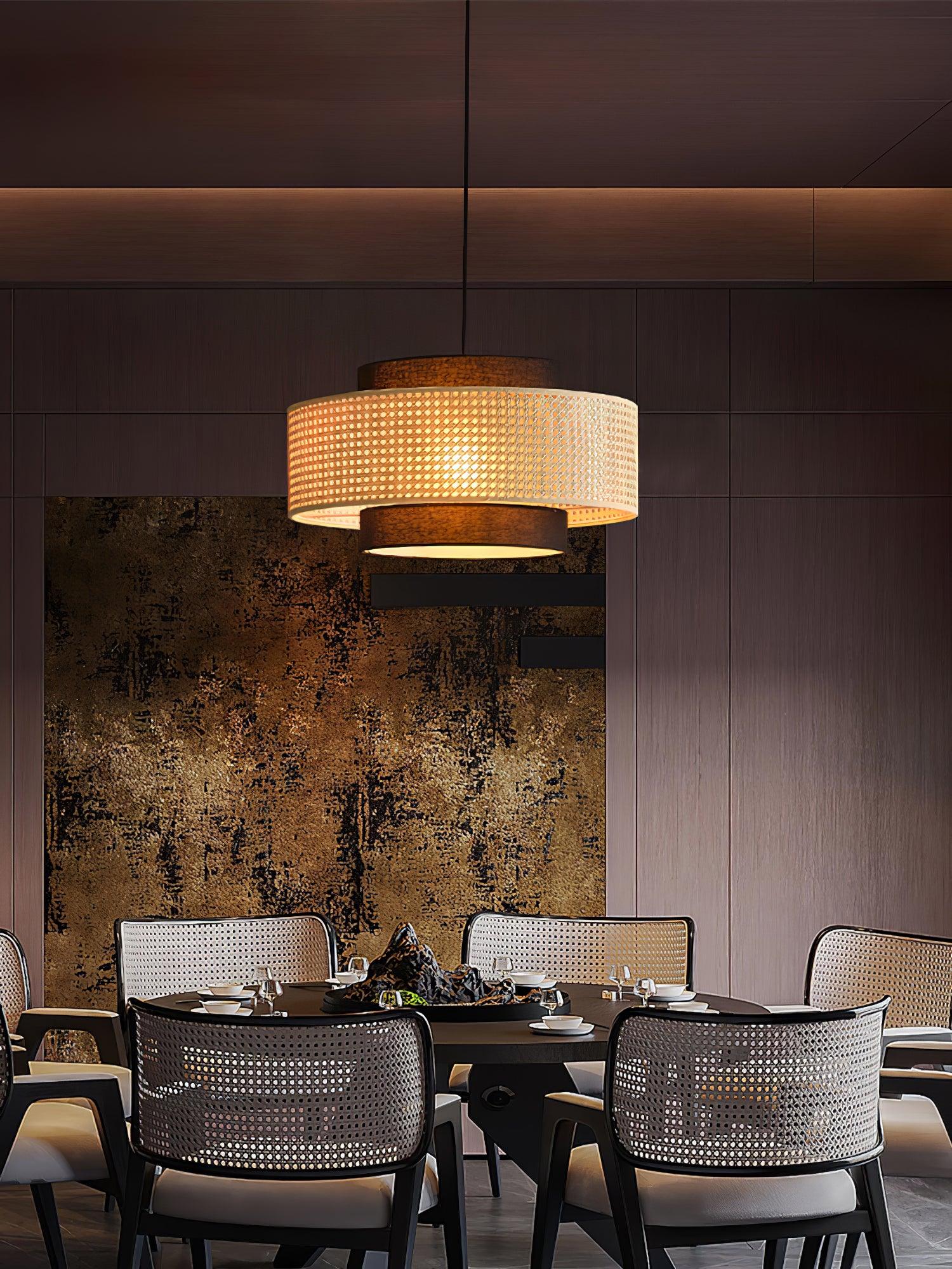 Natural Rattan and Black Linen Dual Layer Drum Pendant Light for Modern Living Spaces