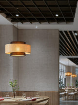 Natural Rattan and Black Linen Dual Layer Drum Pendant Light for Modern Living Spaces